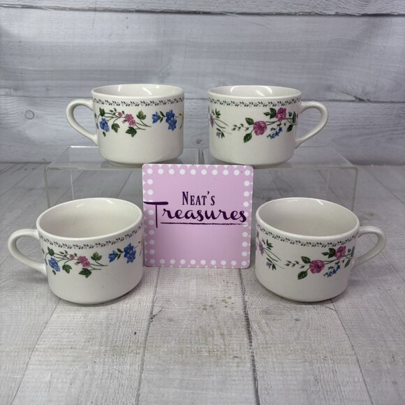 Farberware ENGLISH GARDEN Pink Blue Floral Rim Stoneware 8 oz Flat Cups Set of 4 - Picture 1 of 16